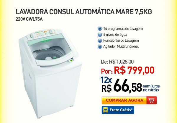 LAVADORA CONSUL AUTOMATICA MARE CWL75A 7,5KG 220V