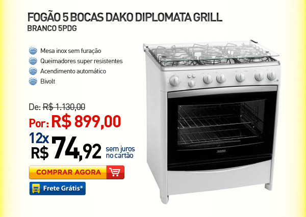 FOGAO 5BOCAS DAKO DIPLOMATA GRILL 5PDG BRANCO